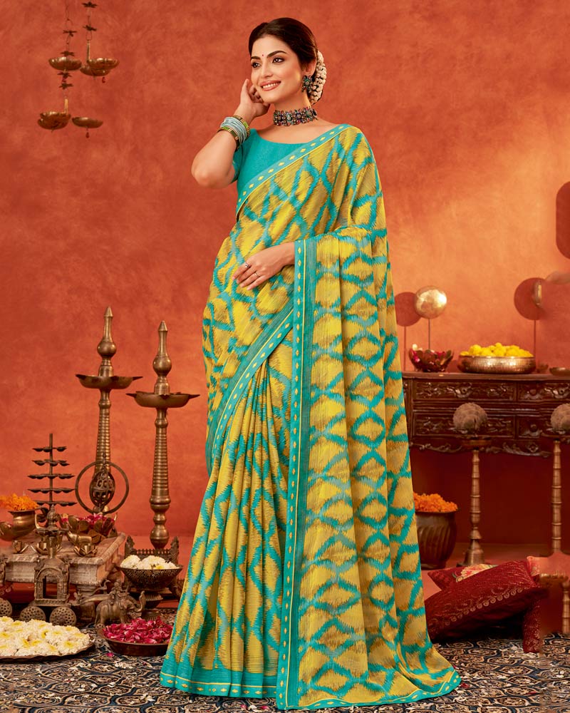 Vishal Prints Olive Yellow Printed Fancy Chiffon Saree With Fancy Border