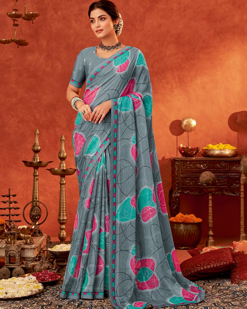 Vishal Prints Charcoal Grey Printed Fancy Chiffon Saree With Fancy Border