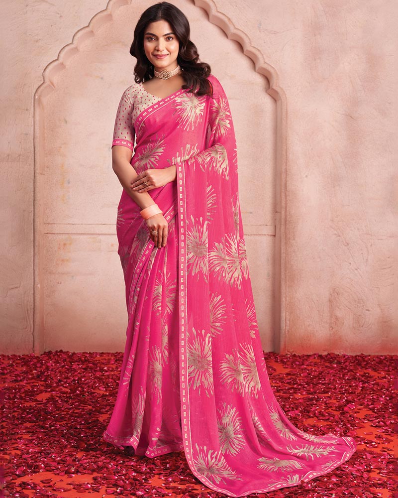 Vishal Prints Mandy Pink Printed Patterned Chiffon Saree With Fancy Border