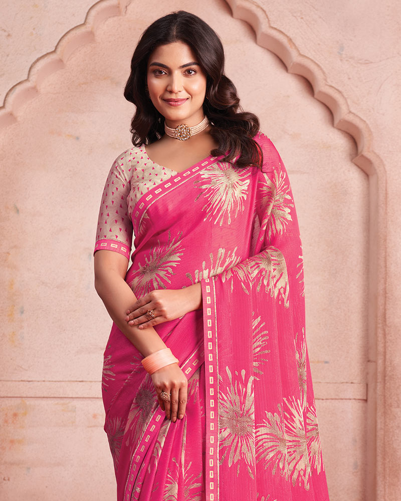 Vishal Prints Mandy Pink Printed Patterned Chiffon Saree With Fancy Border
