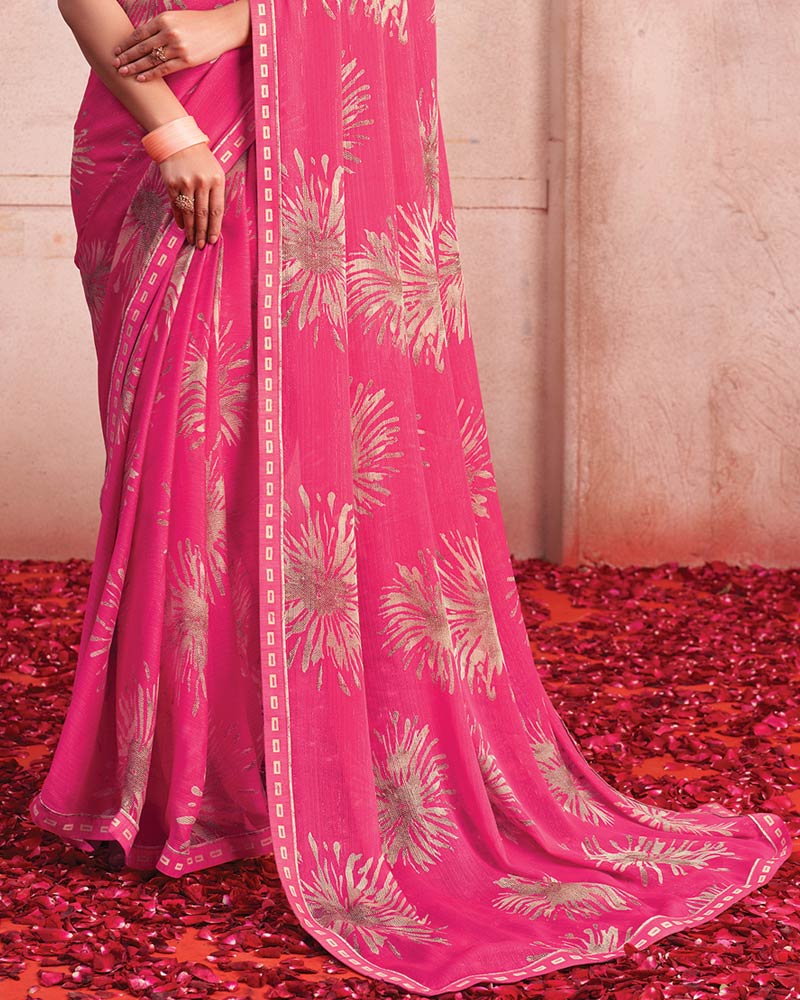 Vishal Prints Mandy Pink Printed Patterned Chiffon Saree With Fancy Border