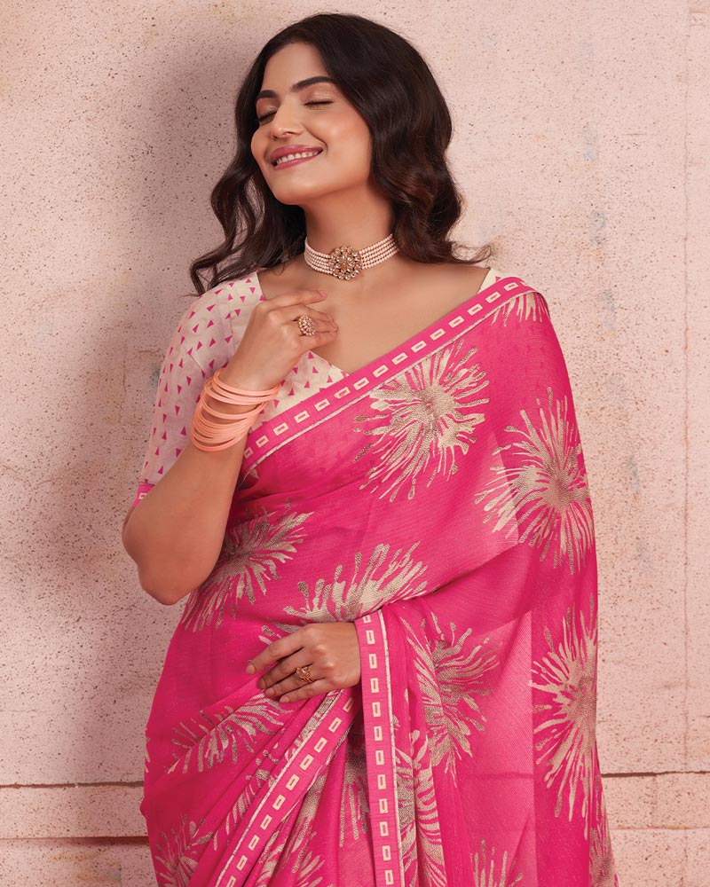 Vishal Prints Mandy Pink Printed Patterned Chiffon Saree With Fancy Border