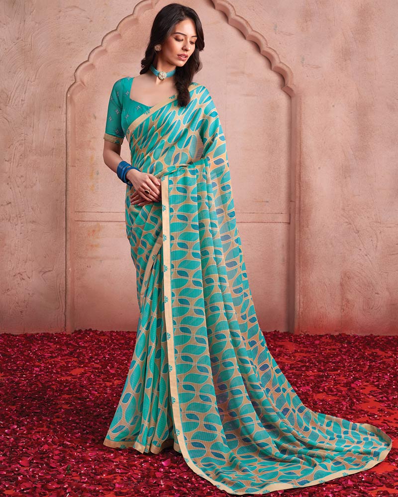 Vishal Prints Light Sea Green Printed Patterned Chiffon Saree With Fancy Border