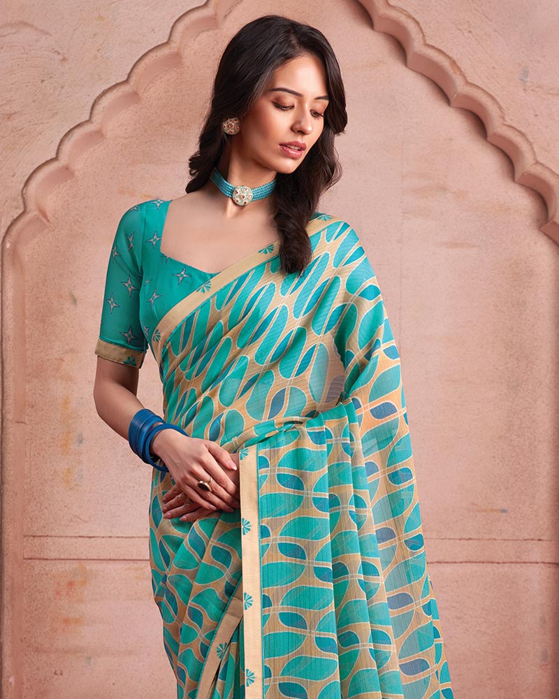 Vishal Prints Light Sea Green Printed Patterned Chiffon Saree With Fancy Border