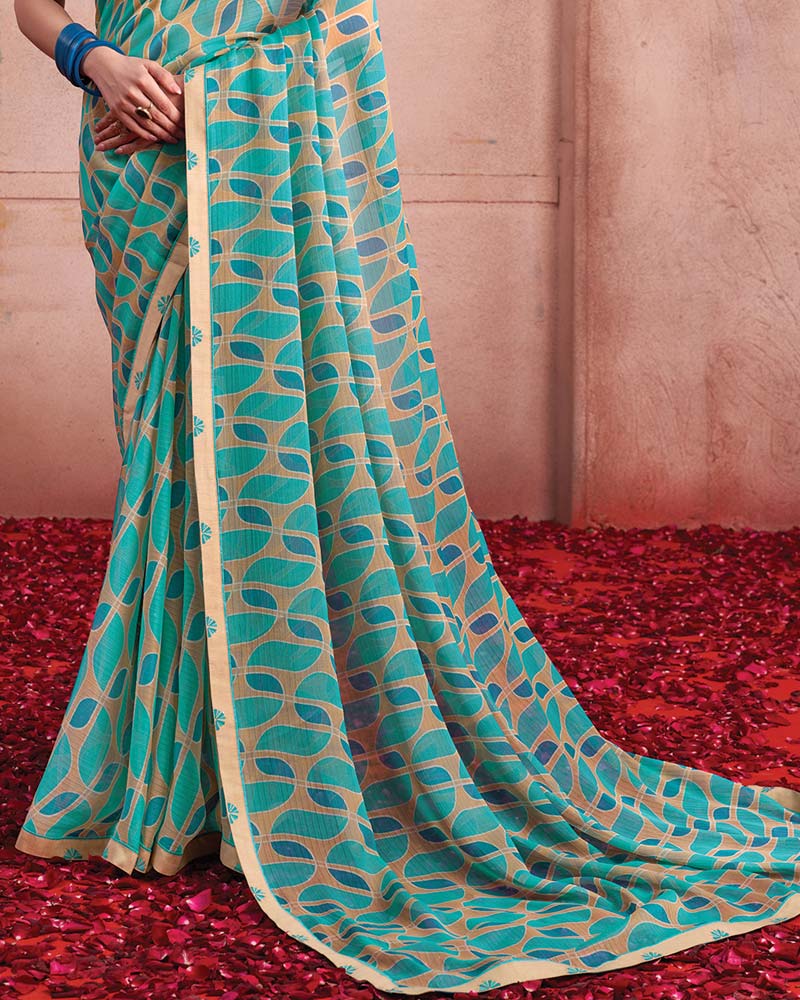 Vishal Prints Light Sea Green Printed Patterned Chiffon Saree With Fancy Border