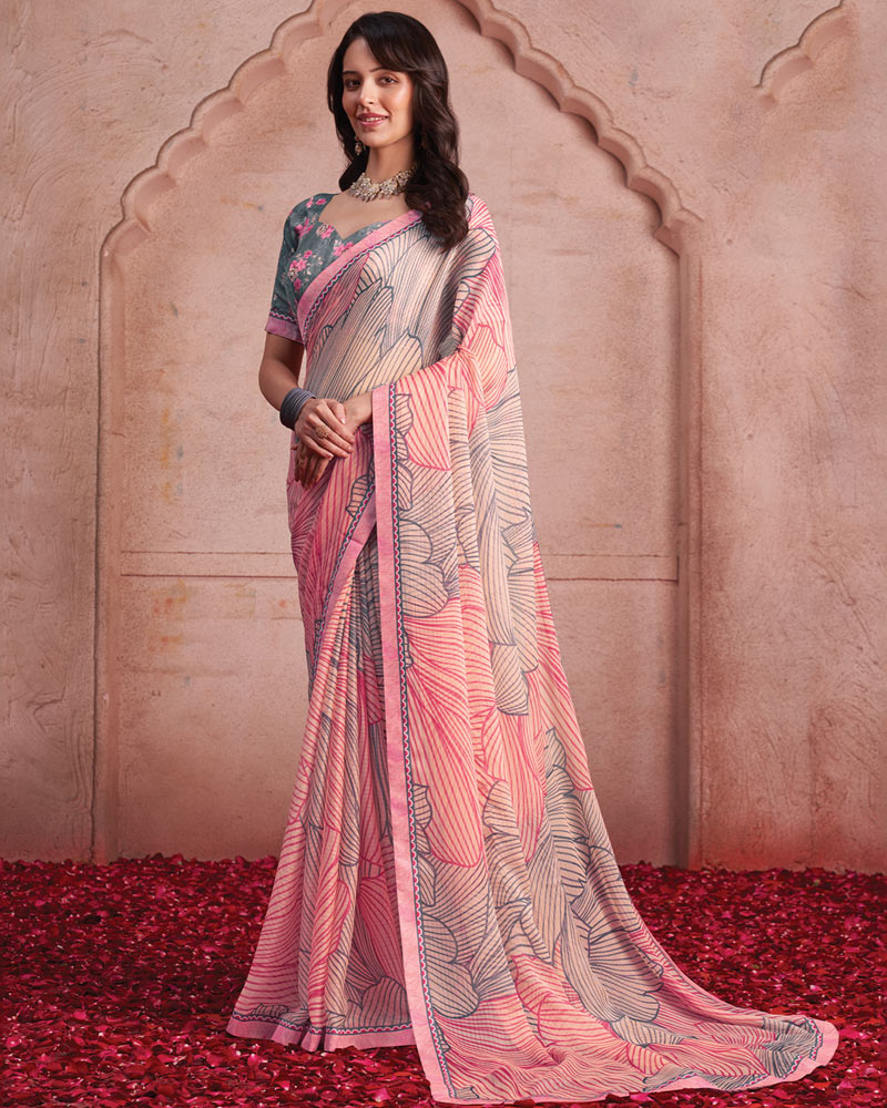 Vishal Prints Salmon Pink Printed Patterned Chiffon Saree With Fancy Border