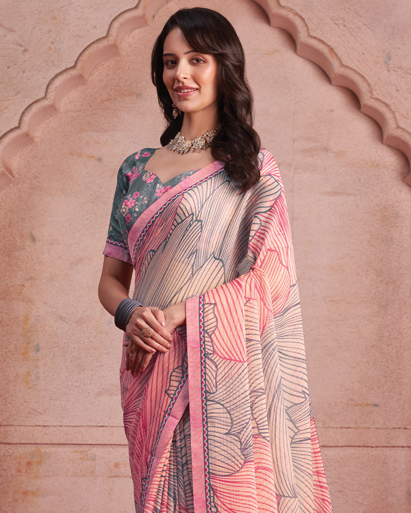 Vishal Prints Salmon Pink Printed Patterned Chiffon Saree With Fancy Border