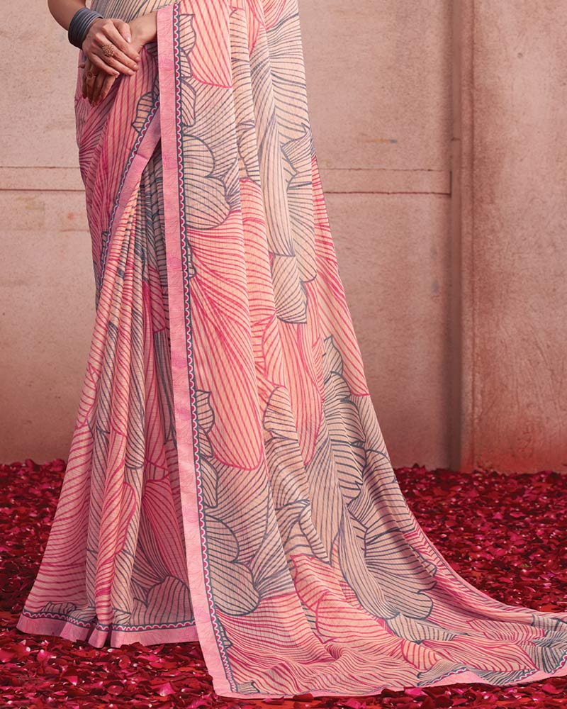 Vishal Prints Salmon Pink Printed Patterned Chiffon Saree With Fancy Border