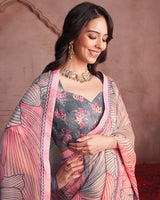 Vishal Prints Salmon Pink Printed Patterned Chiffon Saree With Fancy Border