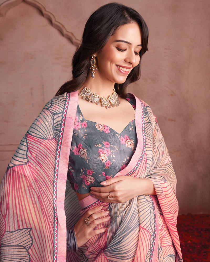 Vishal Prints Salmon Pink Printed Patterned Chiffon Saree With Fancy Border