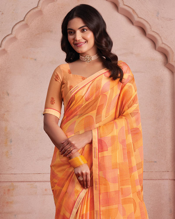 Vishal Prints Pastel Orange Printed Patterned Chiffon Saree With Fancy Border
