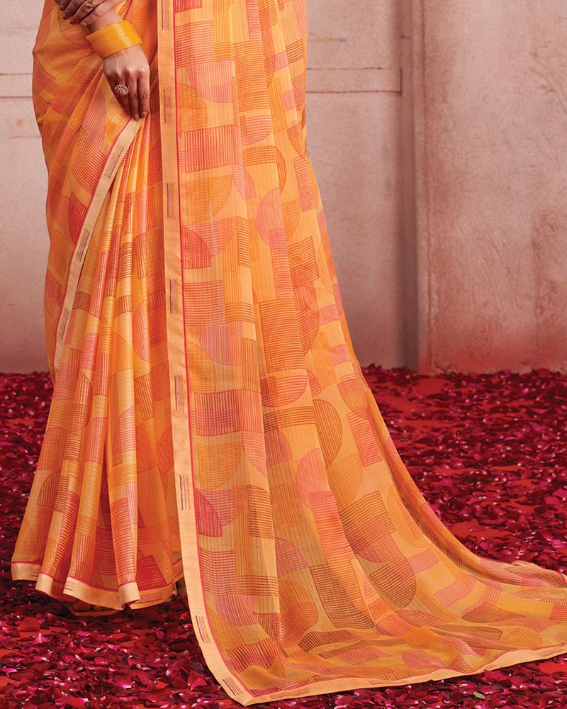 Vishal Prints Pastel Orange Printed Patterned Chiffon Saree With Fancy Border