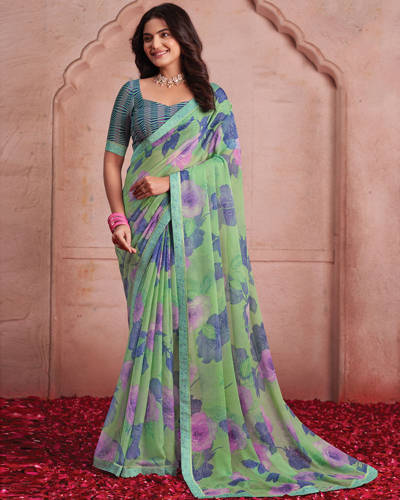 Vishal Prints Pistachio Green Printed Patterned Chiffon Saree With Fancy Border