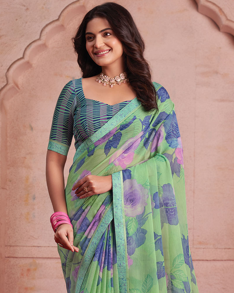 Vishal Prints Pistachio Green Printed Patterned Chiffon Saree With Fancy Border