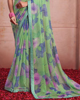 Vishal Prints Pistachio Green Printed Patterned Chiffon Saree With Fancy Border
