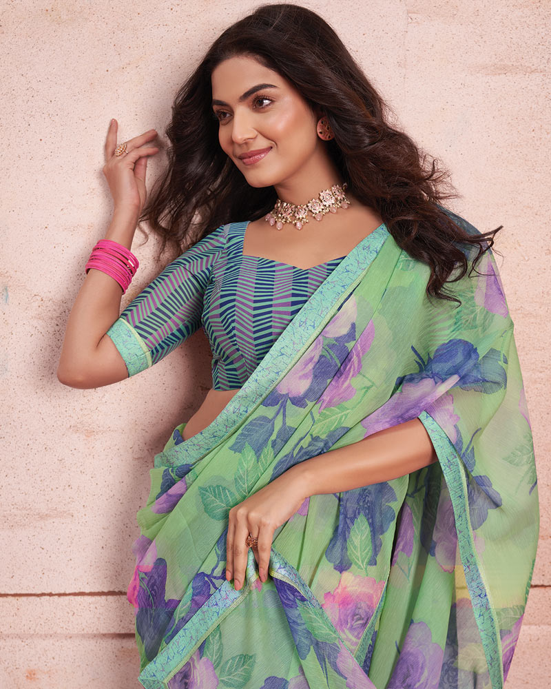 Vishal Prints Pistachio Green Printed Patterned Chiffon Saree With Fancy Border