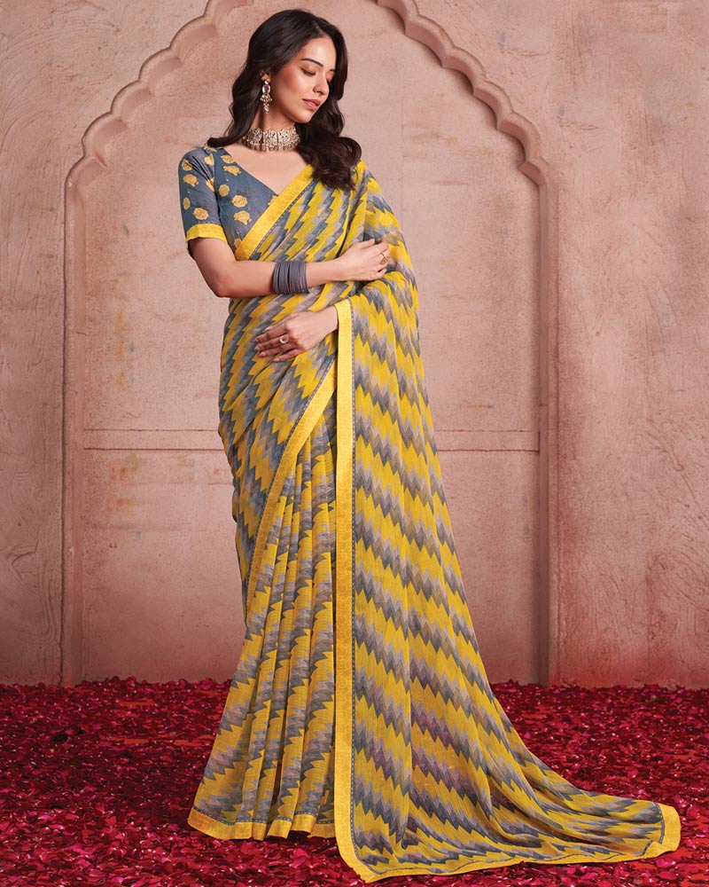 Vishal Prints Dark Yellow Printed Patterned Chiffon Saree With Fancy Border