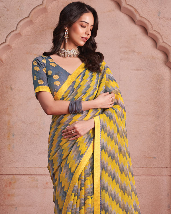 Vishal Prints Dark Yellow Printed Patterned Chiffon Saree With Fancy Border