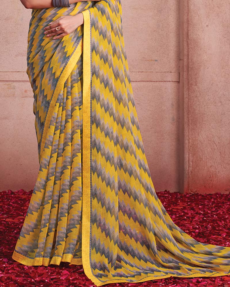 Vishal Prints Dark Yellow Printed Patterned Chiffon Saree With Fancy Border
