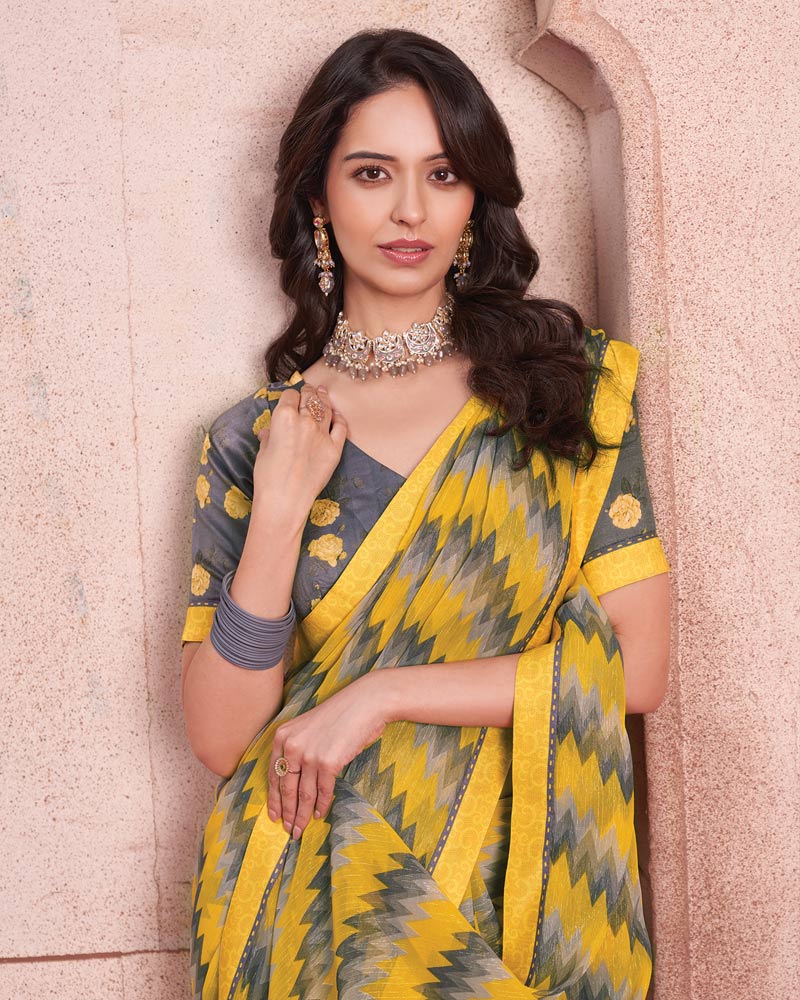 Vishal Prints Dark Yellow Printed Patterned Chiffon Saree With Fancy Border
