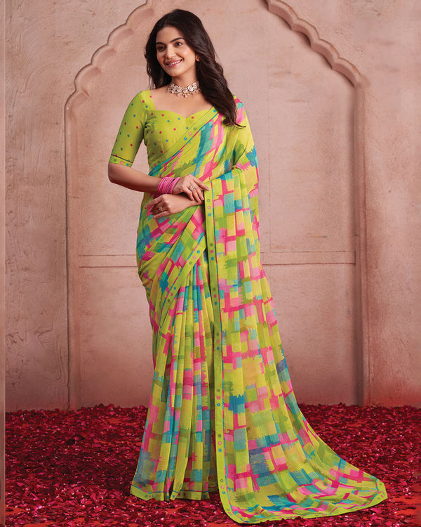 Vishal Prints Avocado Green Printed Patterned Chiffon Saree With Fancy Border