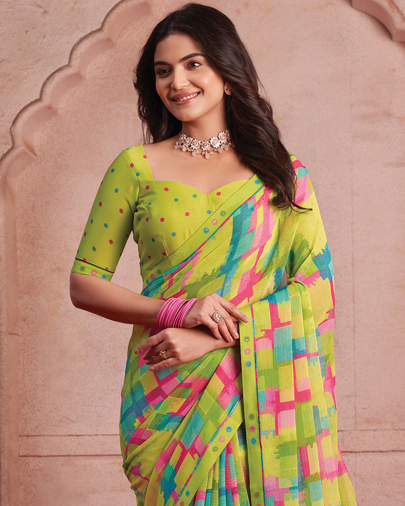 Vishal Prints Avocado Green Printed Patterned Chiffon Saree With Fancy Border