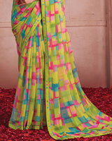 Vishal Prints Avocado Green Printed Patterned Chiffon Saree With Fancy Border