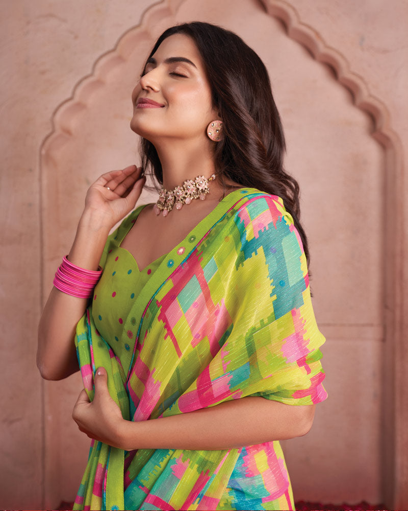 Vishal Prints Avocado Green Printed Patterned Chiffon Saree With Fancy Border