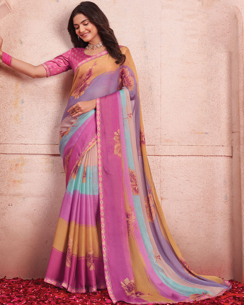Vishal Prints Light Mauve Printed Patterned Chiffon Saree With Fancy Border