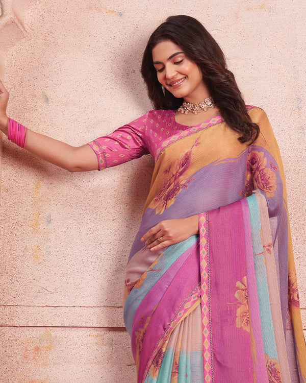 Vishal Prints Light Mauve Printed Patterned Chiffon Saree With Fancy Border