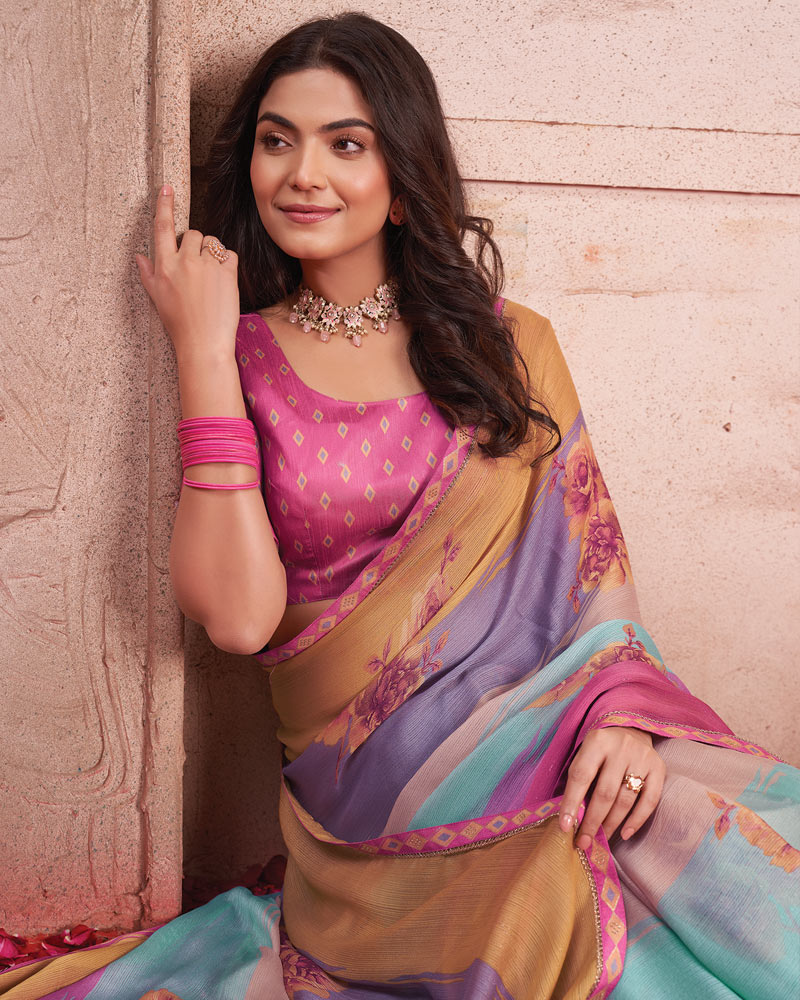 Vishal Prints Light Mauve Printed Patterned Chiffon Saree With Fancy Border