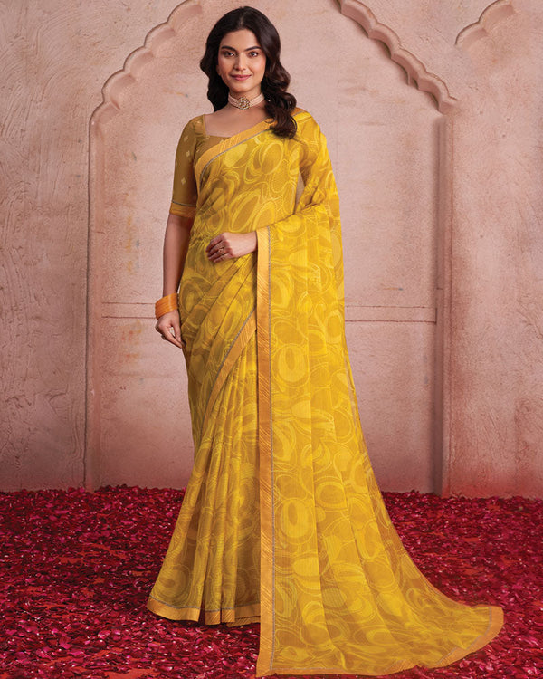 Vishal Prints Tulip Yellow Printed Patterned Chiffon Saree With Fancy Border