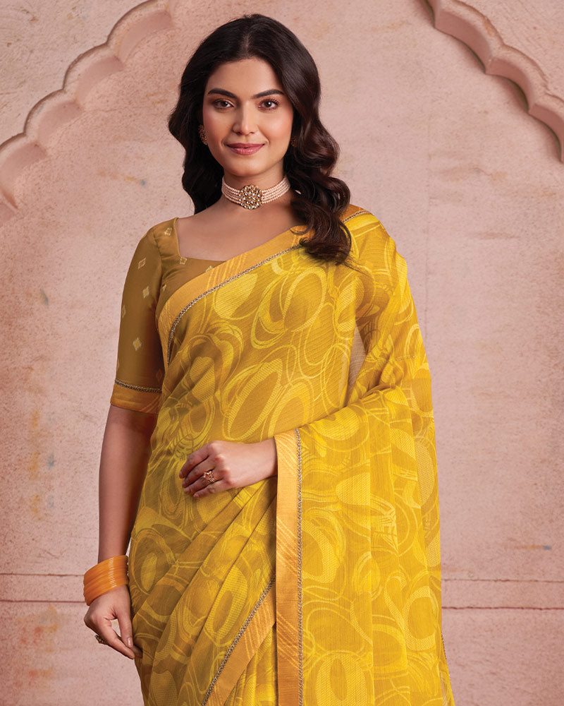 Vishal Prints Tulip Yellow Printed Patterned Chiffon Saree With Fancy Border