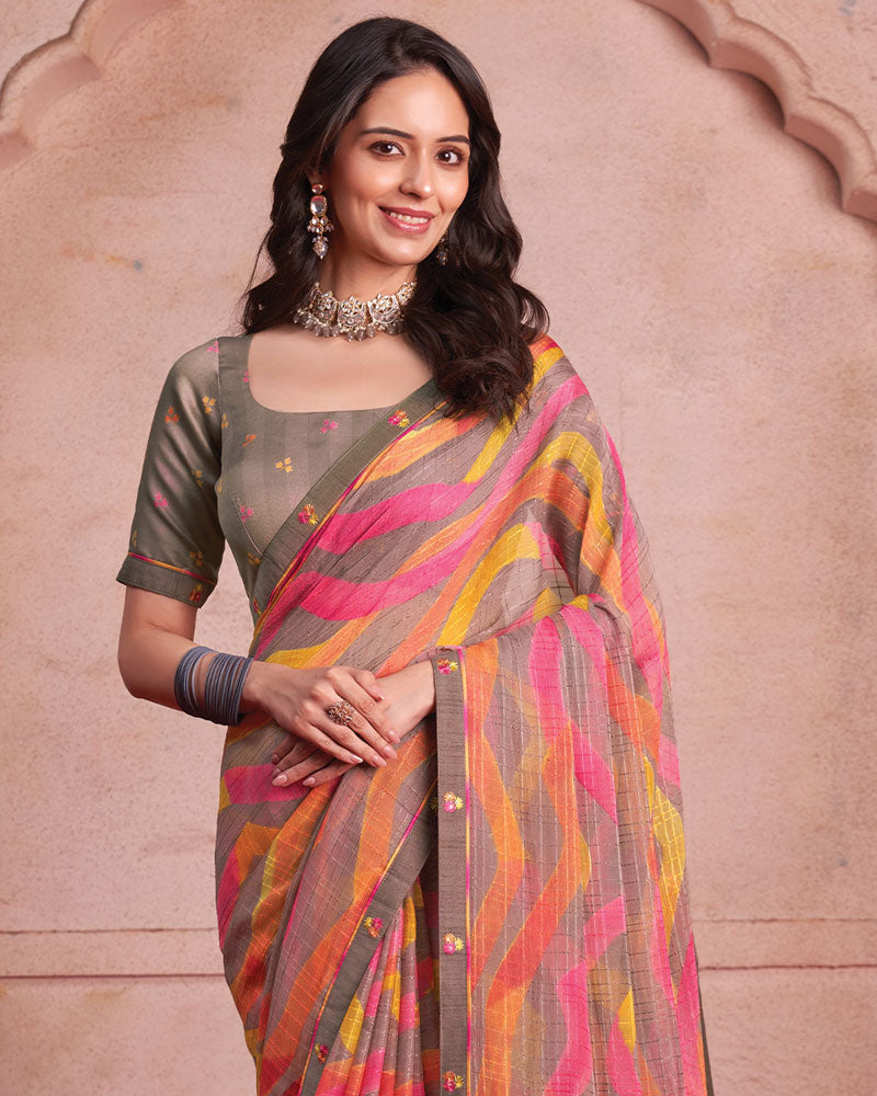 Vishal Prints French Brown Printed Patterned Chiffon Saree With Fancy Border