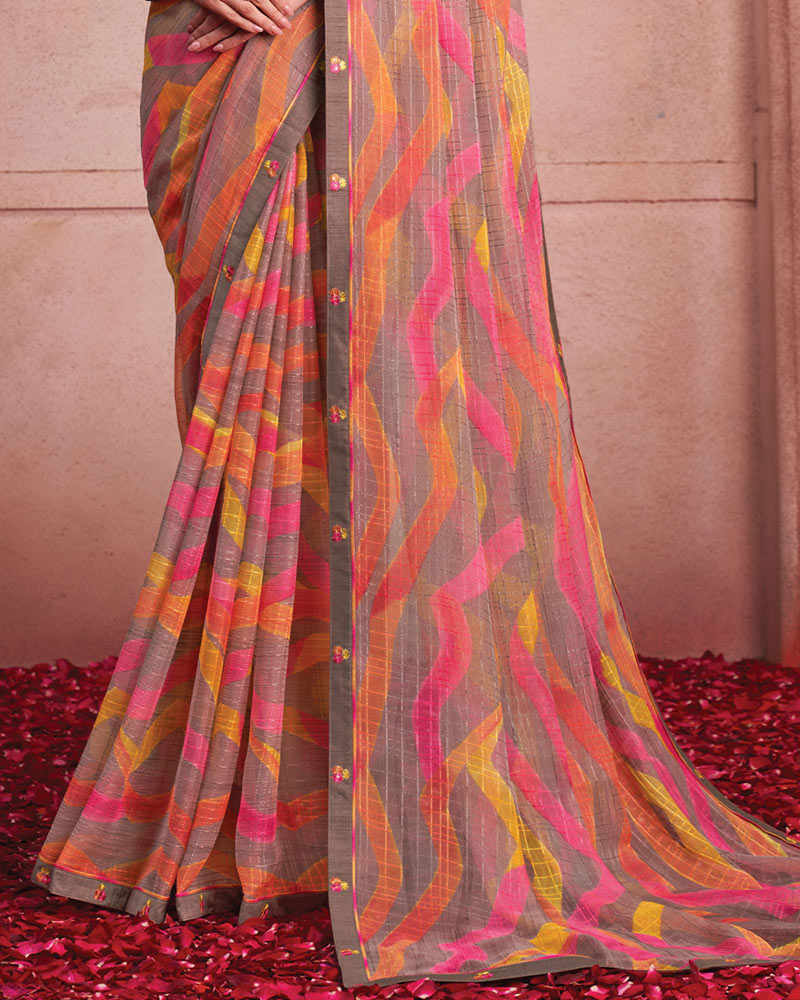 Vishal Prints French Brown Printed Patterned Chiffon Saree With Fancy Border