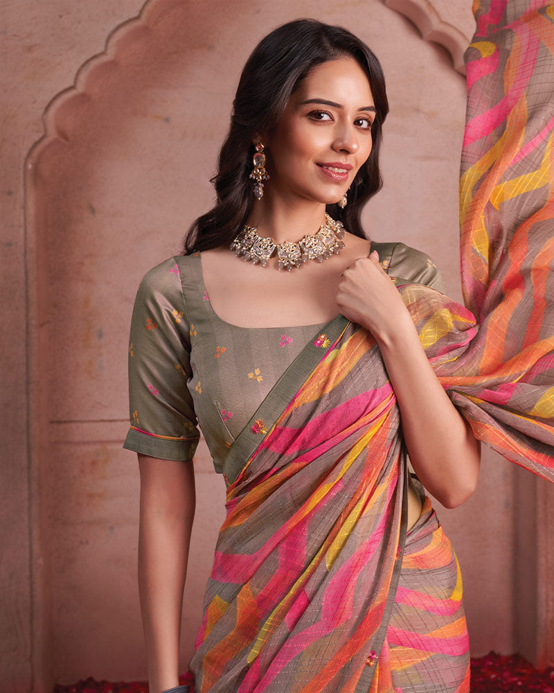 Vishal Prints French Brown Printed Patterned Chiffon Saree With Fancy Border