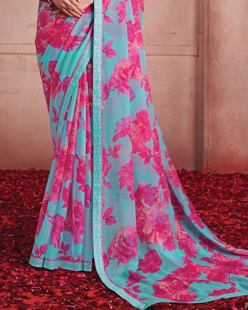 Vishal Prints Pastel Blue Printed Patterned Chiffon Saree With Fancy Border