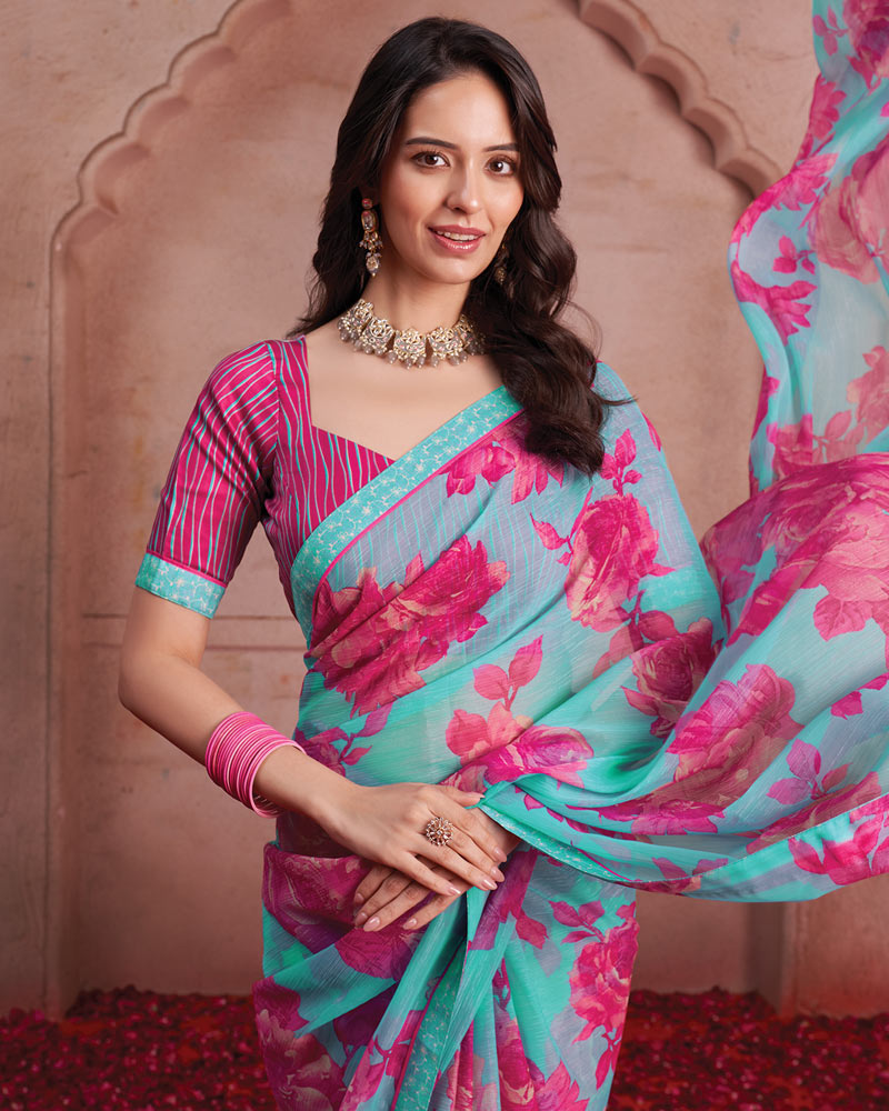 Vishal Prints Pastel Blue Printed Patterned Chiffon Saree With Fancy Border