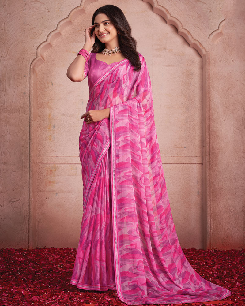 Vishal Prints Pastel Magenta Printed Patterned Chiffon Saree With Fancy Border