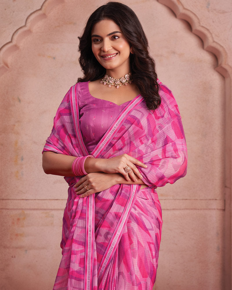 Vishal Prints Pastel Magenta Printed Patterned Chiffon Saree With Fancy Border