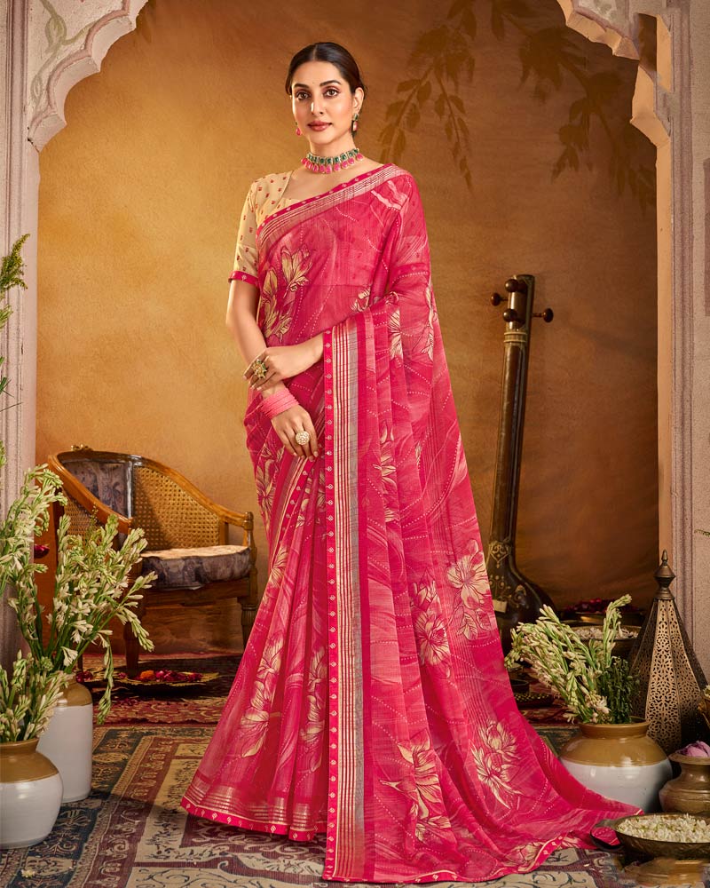 Vishal Prints Mandy Pink Printed Patterned Chiffon Saree With Fancy Border