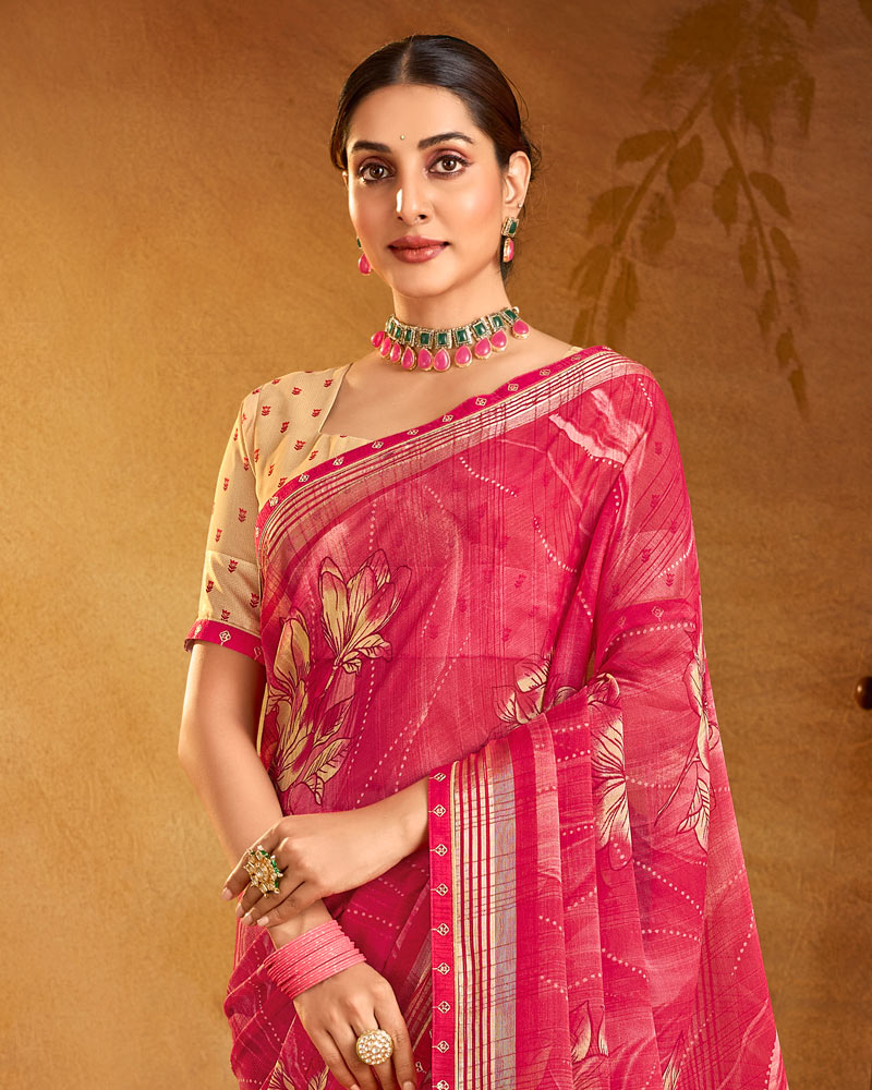 Vishal Prints Mandy Pink Printed Patterned Chiffon Saree With Fancy Border