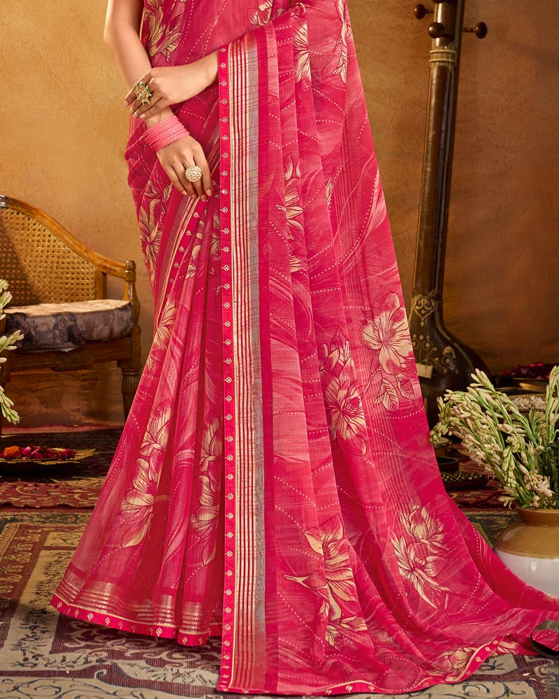 Vishal Prints Mandy Pink Printed Patterned Chiffon Saree With Fancy Border