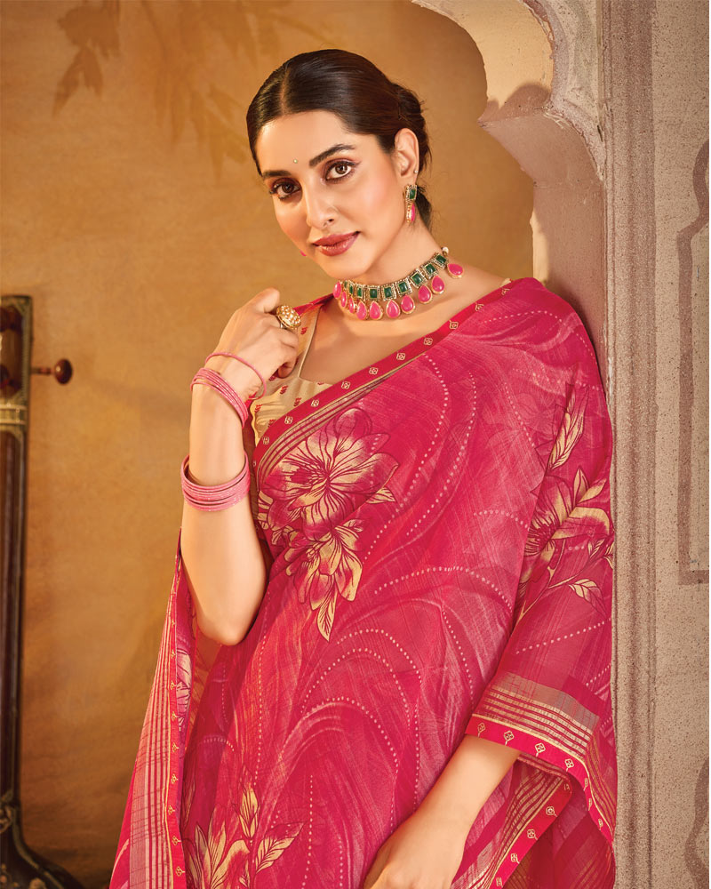 Vishal Prints Mandy Pink Printed Patterned Chiffon Saree With Fancy Border