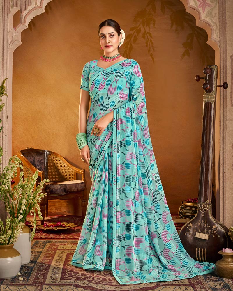 Vishal Prints Northern Blue Printed Patterned Chiffon Saree With Fancy Border