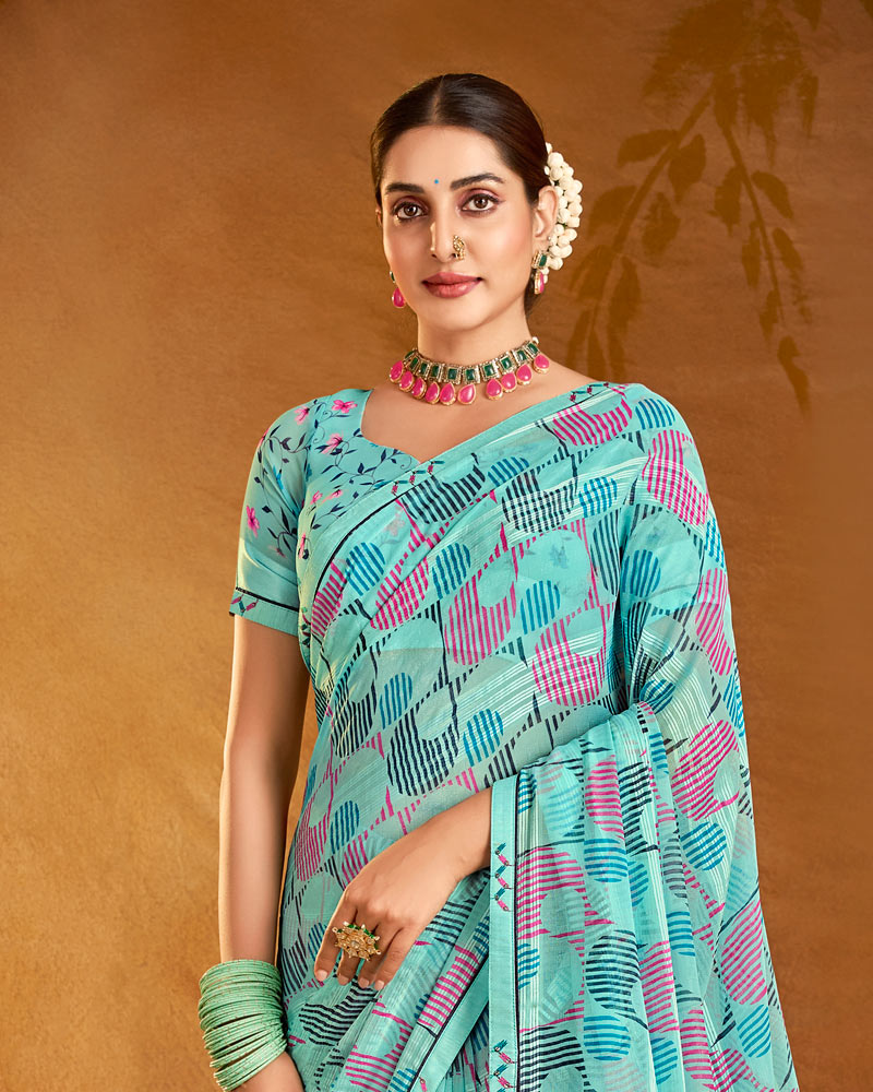 Vishal Prints Northern Blue Printed Patterned Chiffon Saree With Fancy Border