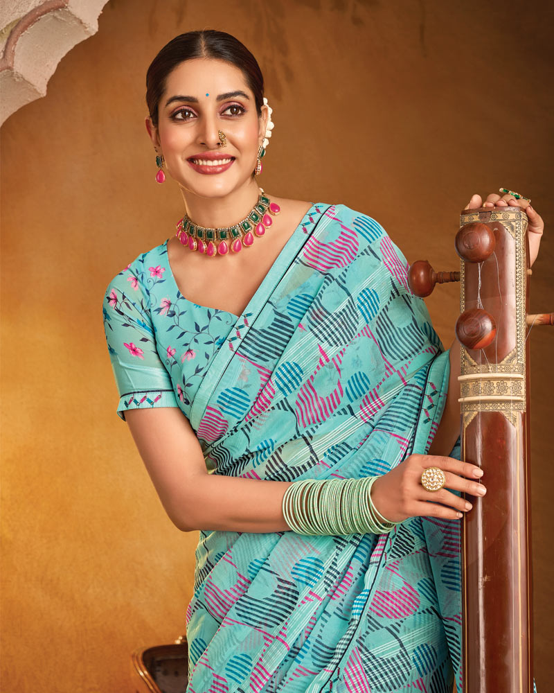 Vishal Prints Northern Blue Printed Patterned Chiffon Saree With Fancy Border