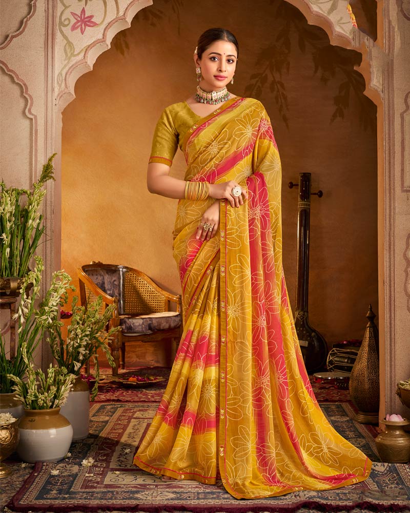 Vishal Prints Dark Mustard Printed Patterned Chiffon Saree With Fancy Border