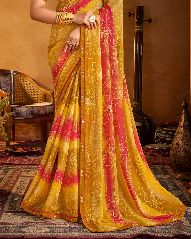 Vishal Prints Dark Mustard Printed Patterned Chiffon Saree With Fancy Border