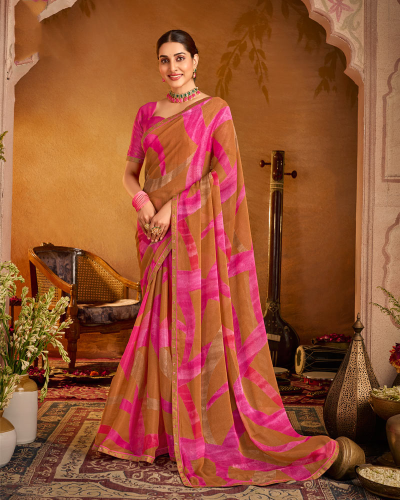 Vishal Prints Ruddy Brown Printed Patterned Chiffon Saree With Fancy Border